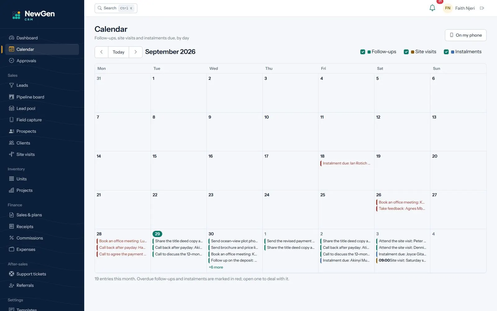 Sales calendar showing Saturday site visits, follow-ups and instalments due