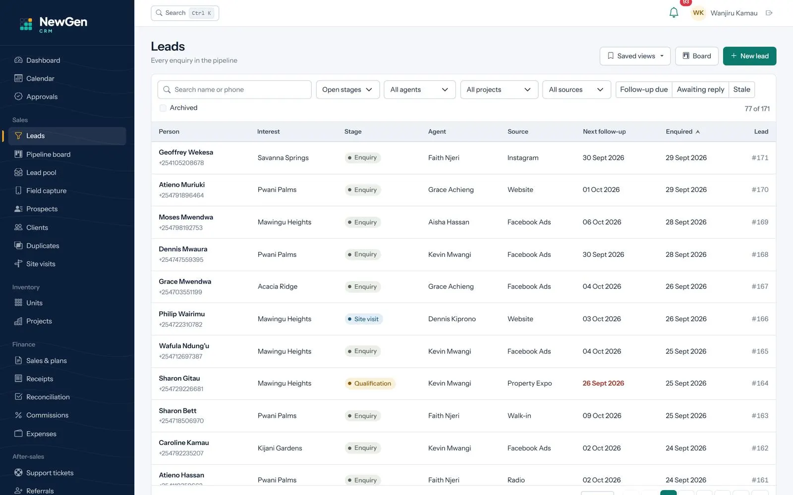 NewGen CRM leads list with stage, source and next follow-up for each property enquiry