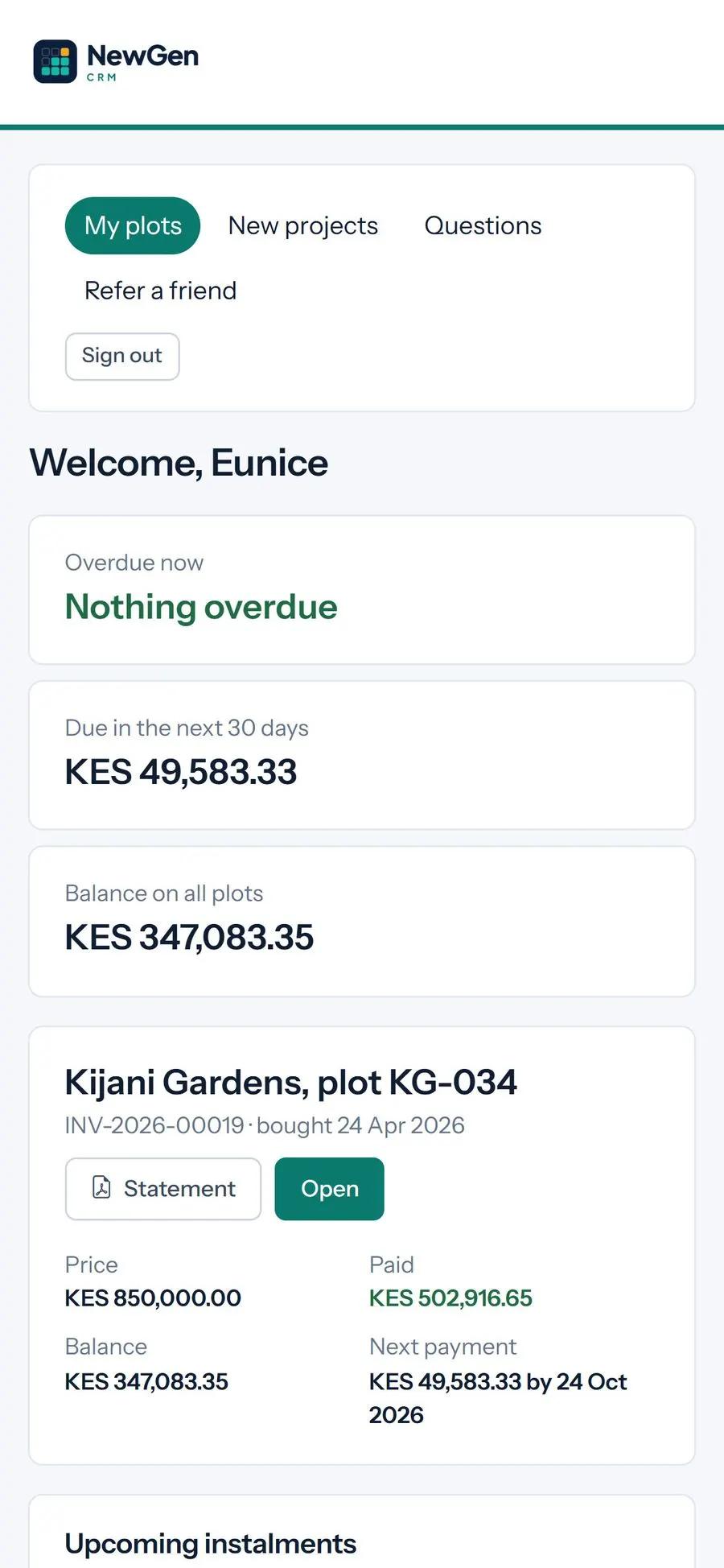 Buyer portal home on a phone showing balances and what is due in 30 days