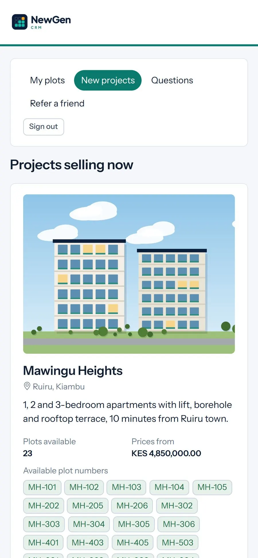 Buyer portal new projects page with photos, units available and prices