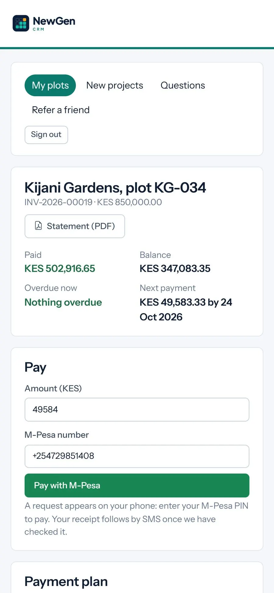 Buyer portal property page with payment plan, receipts and statement download