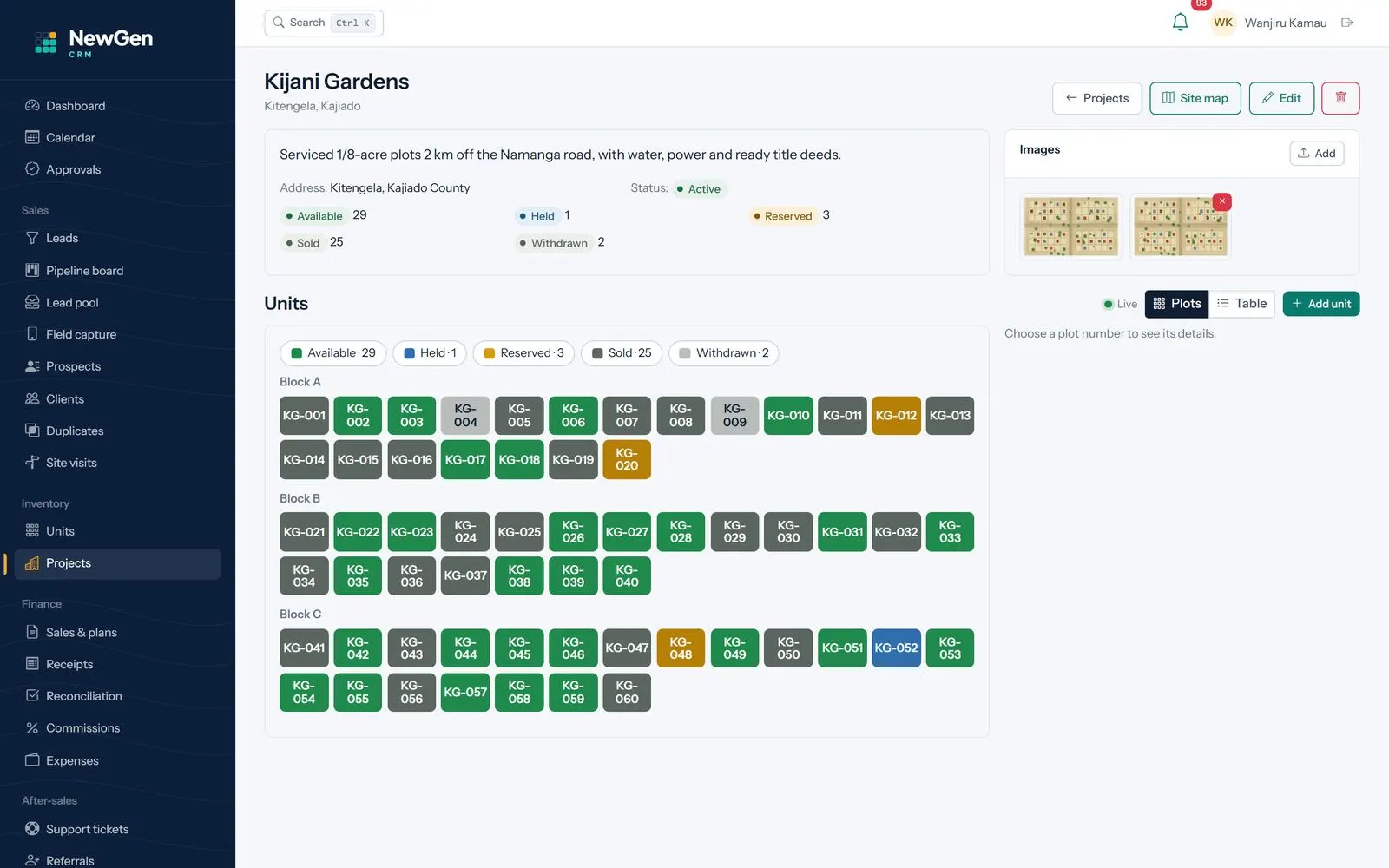 Live plot availability grid for a project, colour-coded available, held, reserved and sold