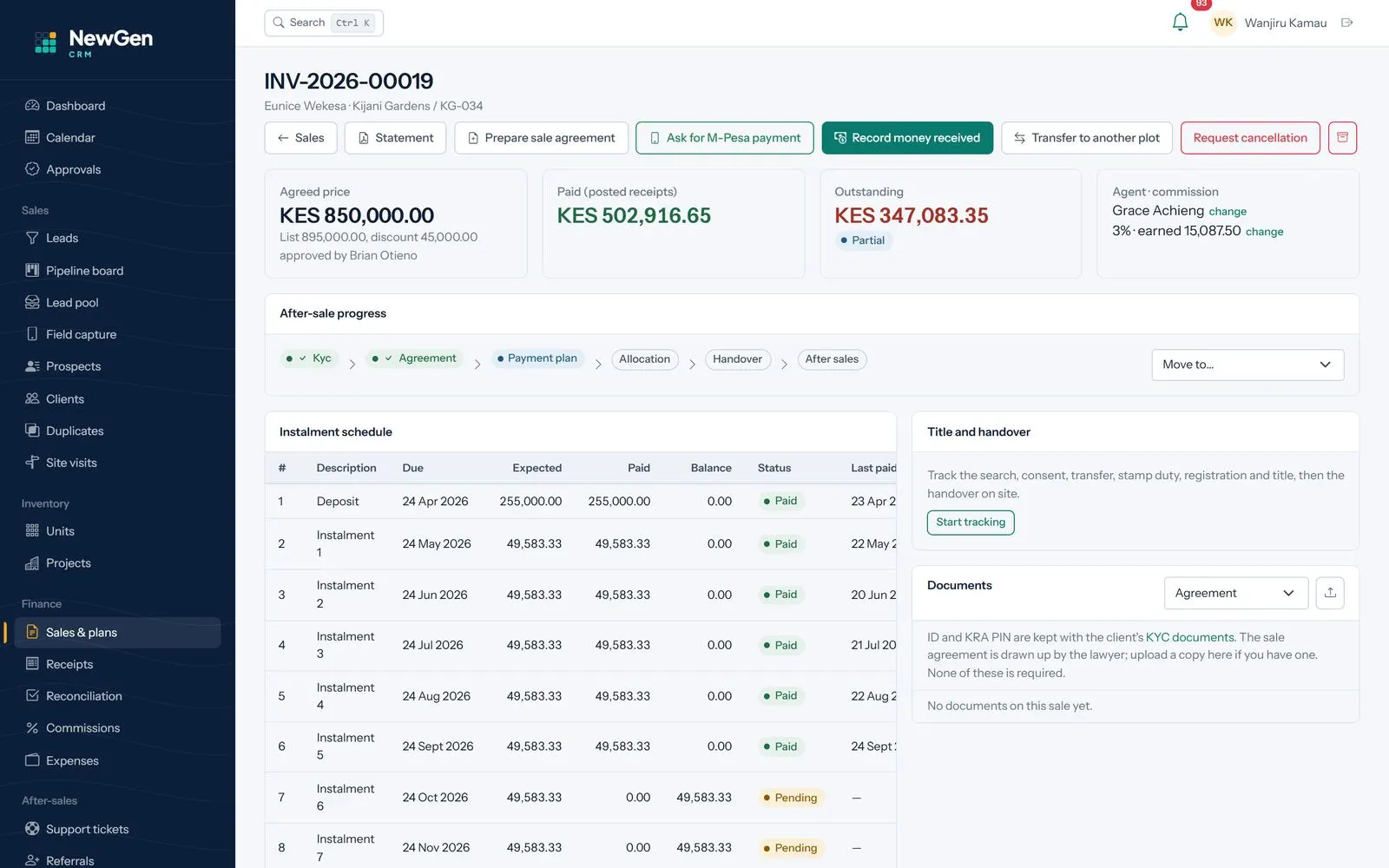 Property sale with its instalment schedule, amounts paid and balance outstanding