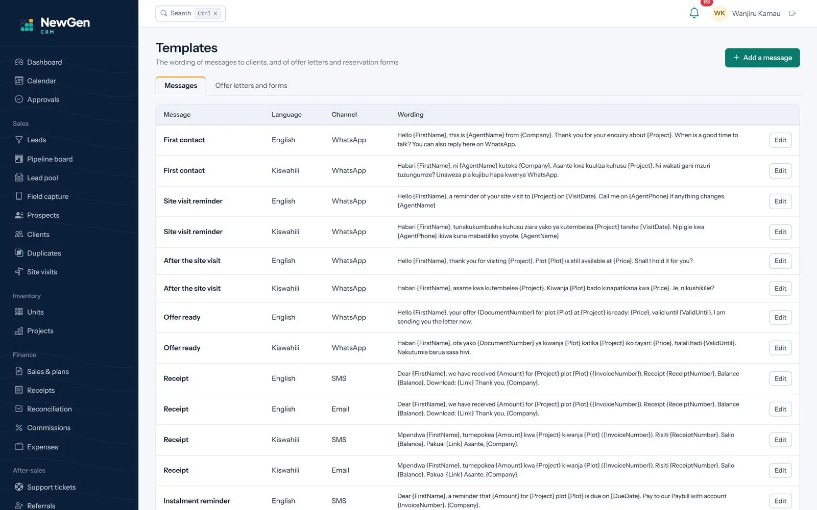 Message templates in English and Kiswahili for SMS, WhatsApp and email reminders